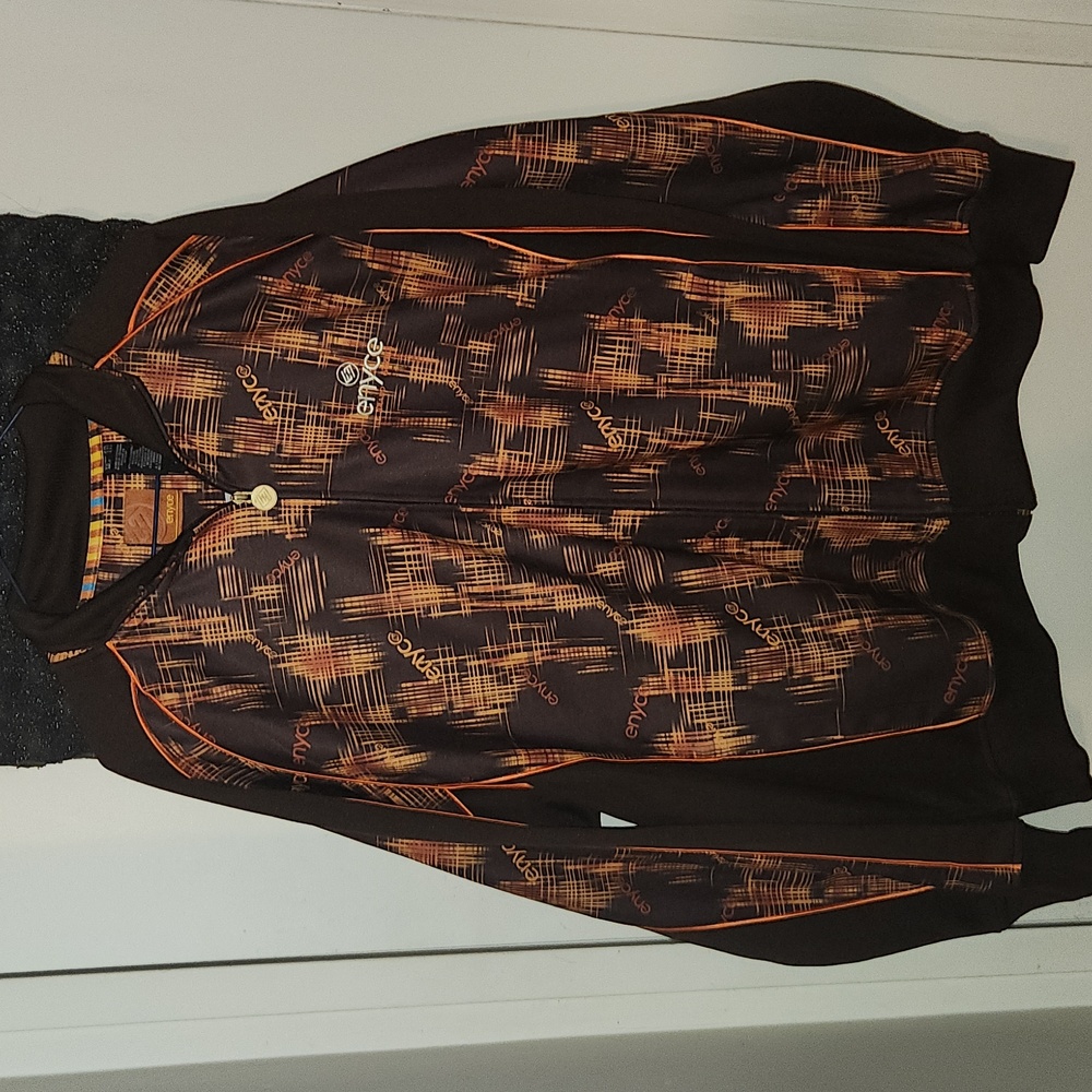Enyce Brown Abstract Multi Spellout Full Zip Collar Sweater Vintage Y2K